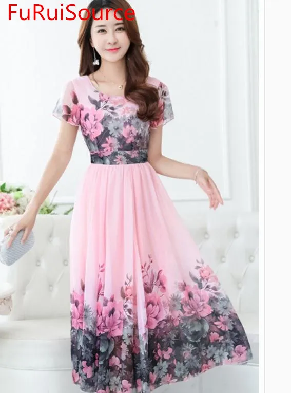 In the summer of 2017 new long chiffon dress temperament printed dresses beach with short sleeves | Женская одежда