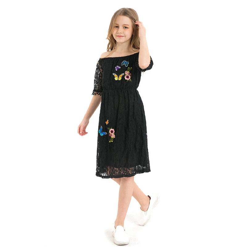 Детское летнее платье 2019 года кружевные черные платья для девочек с открытыми