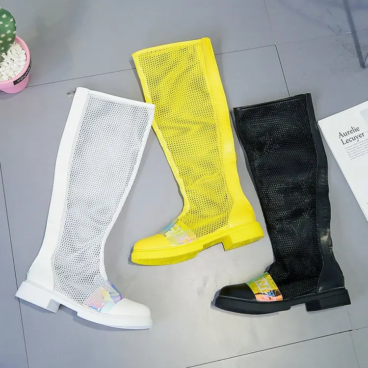 Летние женские ботинки; zapatillas mujer; теннисные сетчатые Сапоги выше колена на платформе; Botines Mujer; коллекция года; Женская дышащая обувь на плоской подошве в стиле хип-хоп