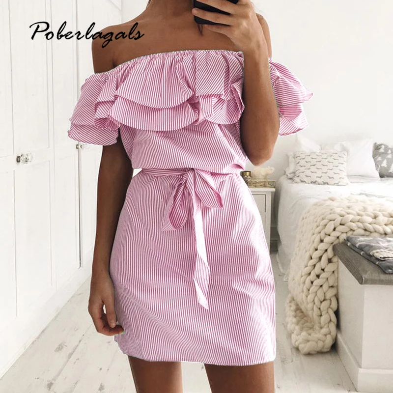 Летнее платье для женщин Пляжное с оборками в полоску Повседневное поясом
