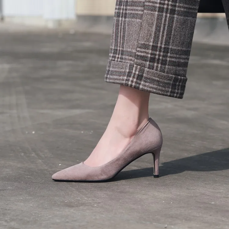 Женские замшевые туфли лодочки MLJUESE черные вечерние на тонком каблуке с острым