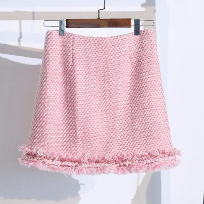 

Top Brand New Ladies Slim Fit Tassel Tweed 2Pcs Skirts Outfits Long Sleeve V-Neck Pearls Button Blazer High Waist A-Line Skirts