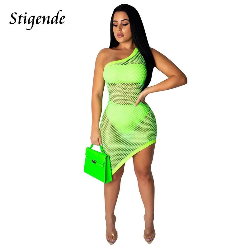 Stigende Women Summer Beach Mesh See Through Dress Sexy One Shoulder Party Slash Neck Bodycon Irregular Mini | Женская одежда