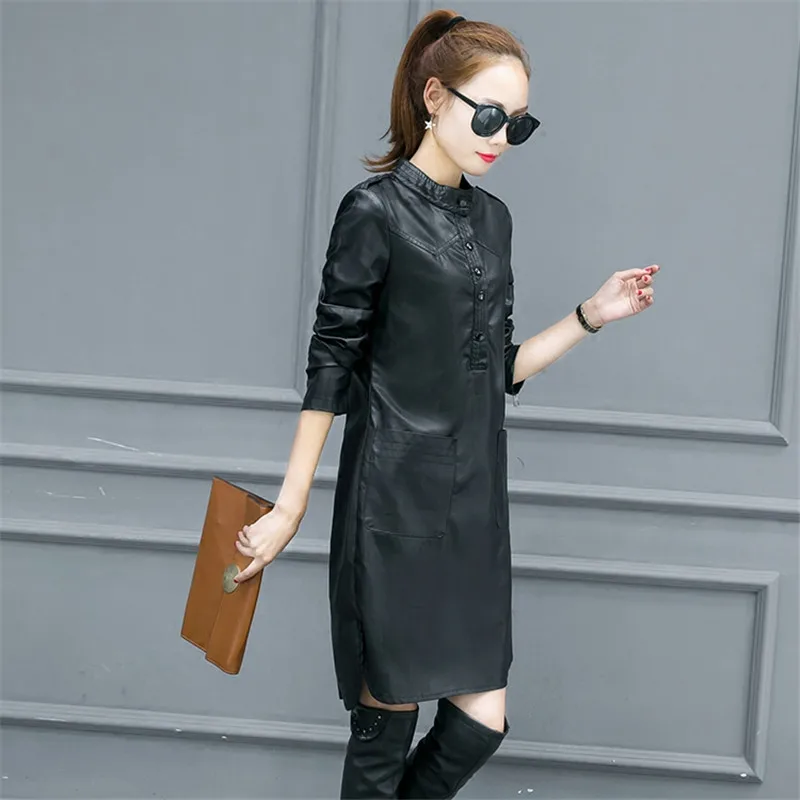 Женское бархатное платье рубашка из искусственной кожи Осенние вечерние платья