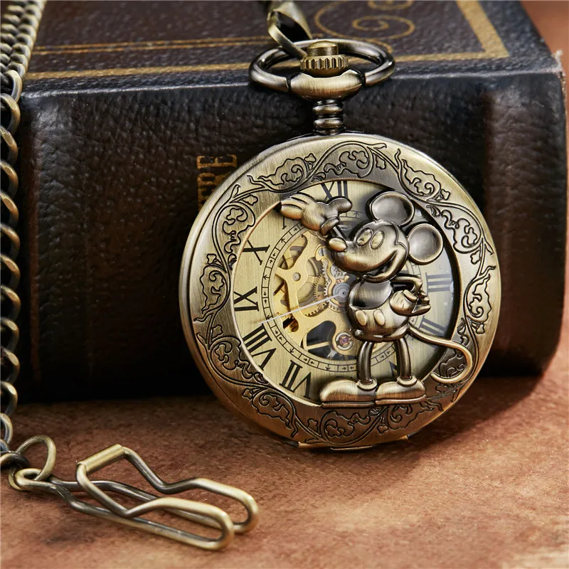 Unique Cartoon Mouse Bronze Roman Dial Mehanical Pocket Watch FOB Chain Hand Wind Mechanical Mens Womens Watches with Chain