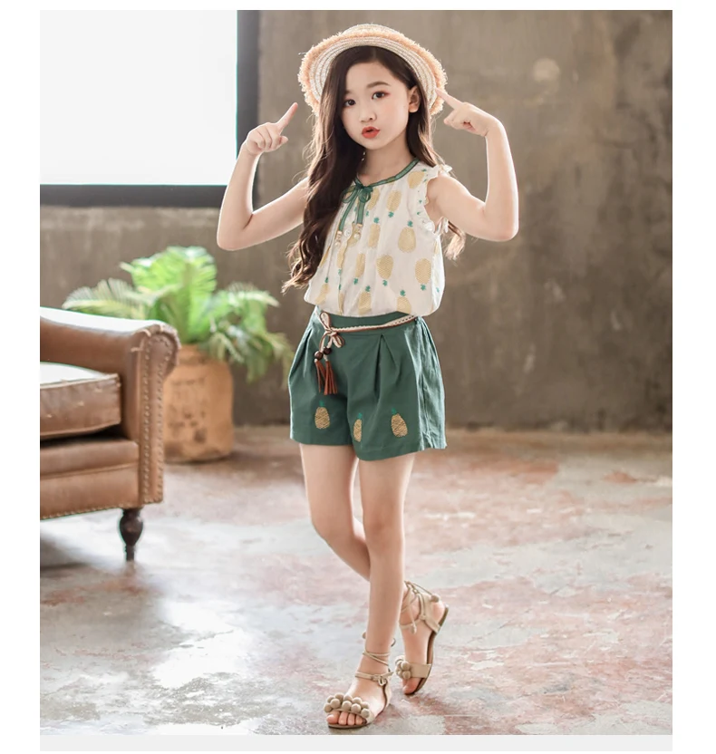 Children Girls Vest Pullover Blouse and Shorts Summer Clothing Sets Pink Green Korean Style 2-8Y kids clothes Baby Toddler Set