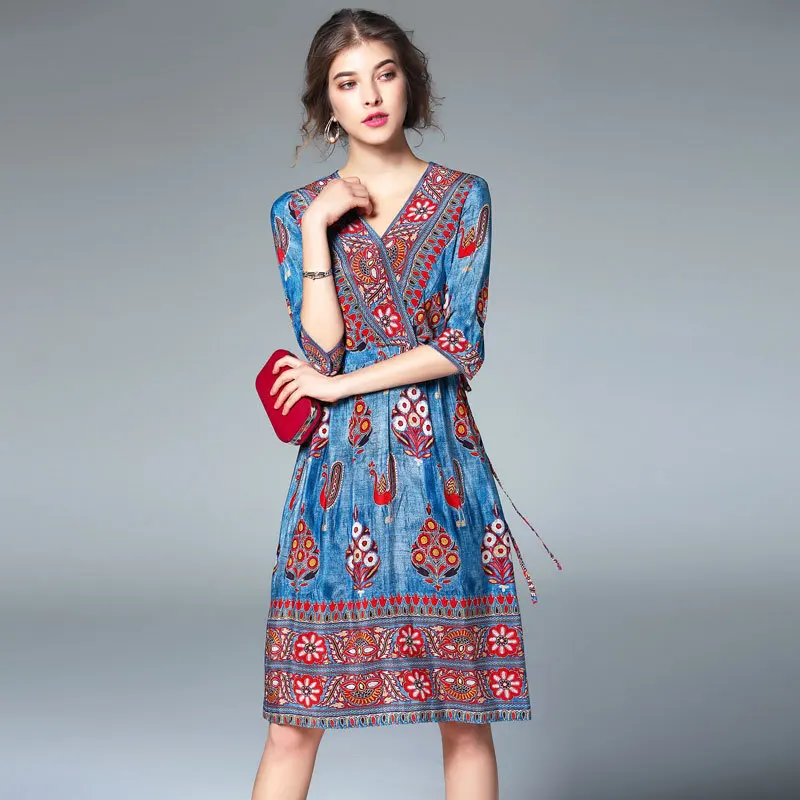 Высокое качество 100% шелковое платье женское с принтом Платья v-образным вырезом