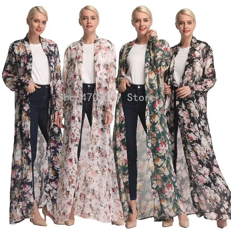 Abaya женский открытый кардиган шифон цветочный принт весенний Повседневный