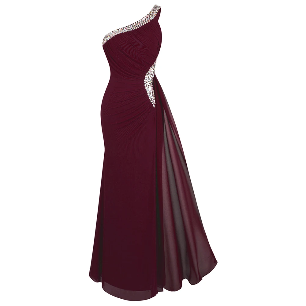 

Angel-fashions Women's One Shoulder Evening Dress Long Pleated Beading Formal Party Gown wine red 411