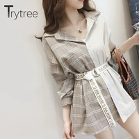 ttytree autumn asymmetrical plaid blouses casual shirt women turn down collar single breasted letter sashes tops long shirts