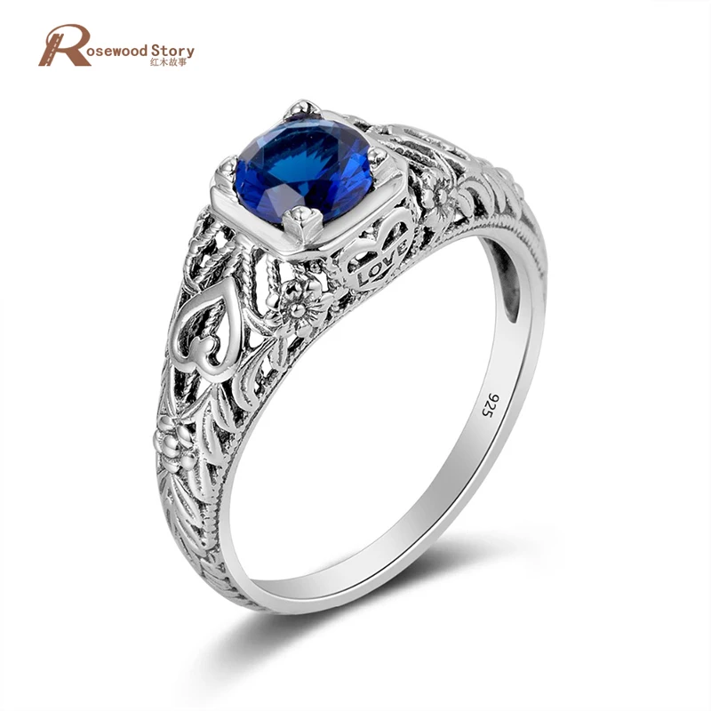 

Charms Handmade Engrave Love Wedding Ring Vintage Fashion Lab Sapphire 925 Silver September Birthstone Bridal Ring For Women