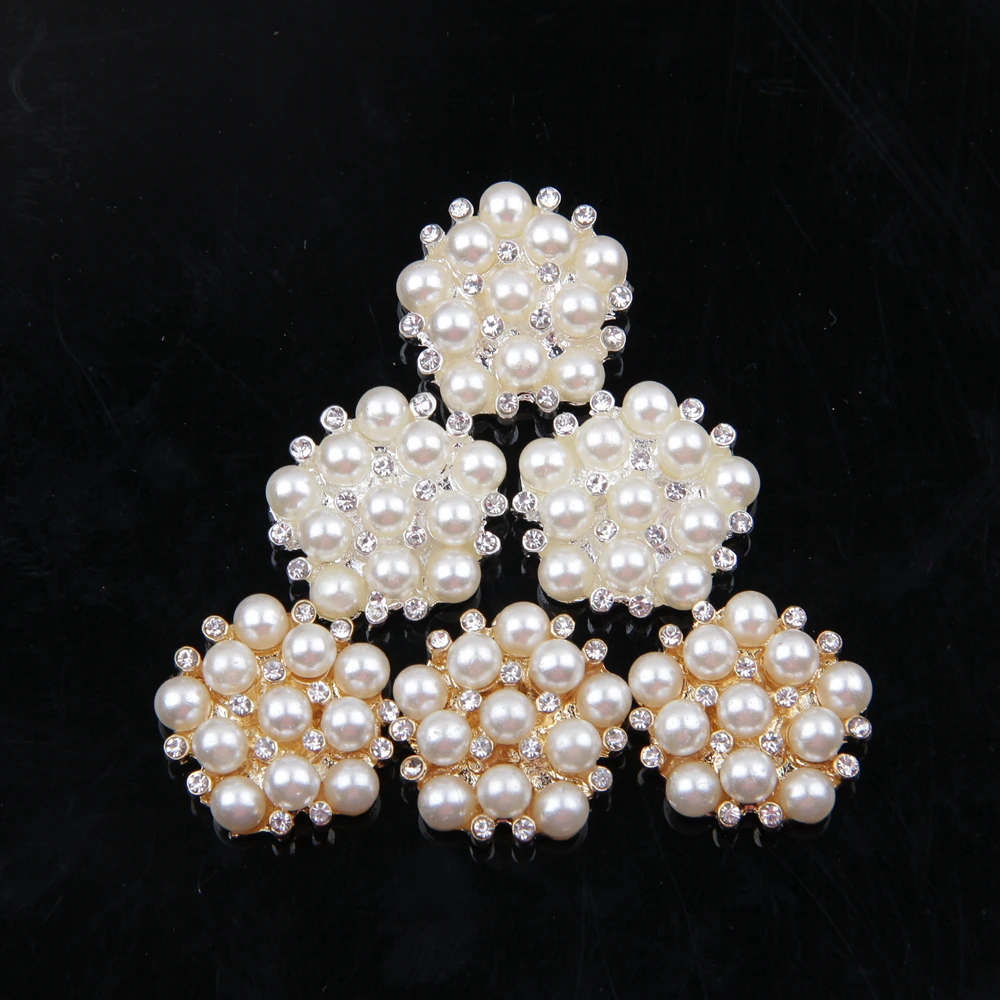 Nishine Flat Back Alloy Faux Pearl Button Gold Silver Rhinestone Jewel Wedding Bridals Prom Embellishment Hair Accessory |