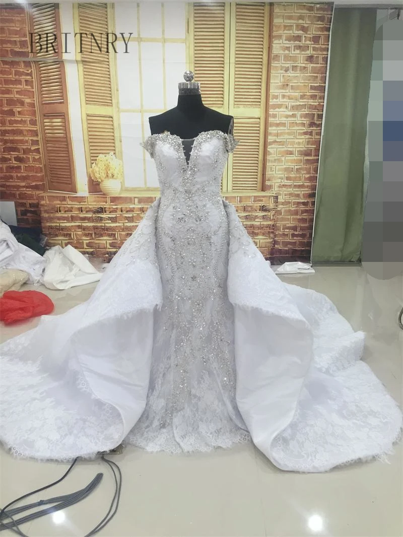 

BRITNRY Off The Shoulder White Weddind Dress Organza and Lace Bling Bling Luxury Mermaid Wedding Dress with Detachable Train