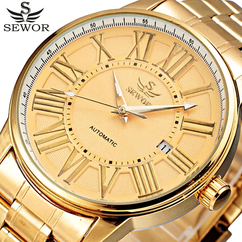 Мужские автоматические механические часы SEWOR золотые полностью из нержавеющей