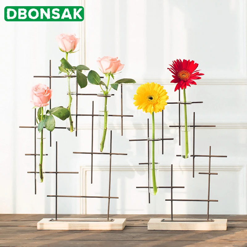 

Nordic Flower Pot Iron Art Iron Test Tube Flower Vase Flower Arrangement Vase Glass Wood Vase Living Room Decoration Ornaments