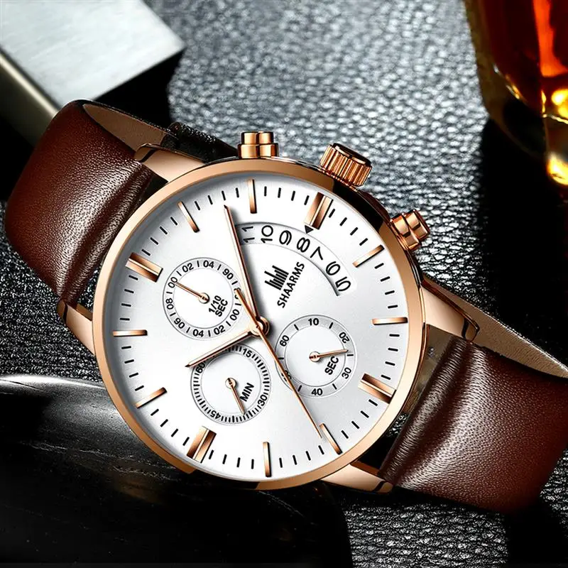SHAARMS 2020 Military Sport Men Watch PU Leather Band Quartz Wristwatch Male Date Watches Black Clock Relogio Masculino | Наручные часы