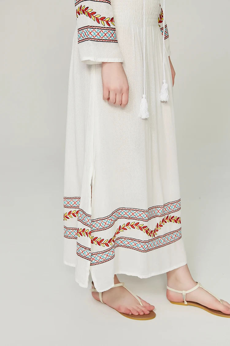 

JSXDHK White Cotton And Linen Boho Women Dress Summer Long Sleeve Embroidery Floral Elastic Waistline Tassel Split Maxi Dress