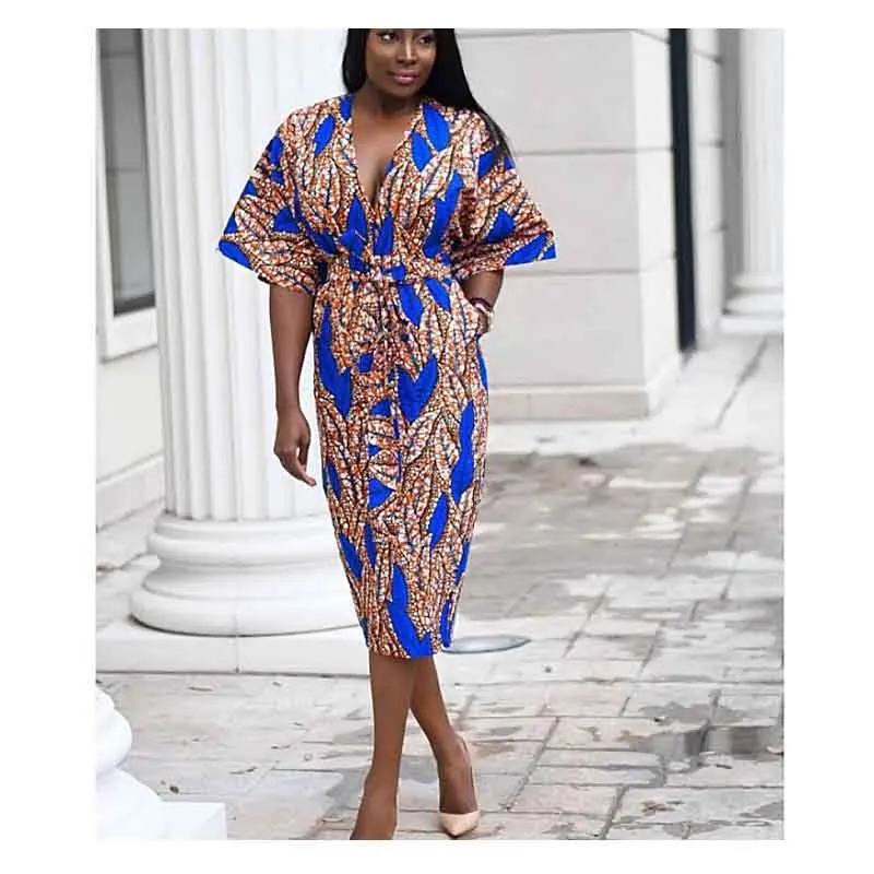 African women's summer fashion print V-neck dress straps slim elegant temperament with stretch comfort Photo Color | Женская одежда