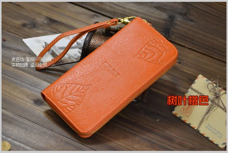 1007 Orange Базовый женский клатч из натуральной кожи, монета, зажим для денег, браслет, ручная сумка бумажник, тисненая молния вокруг длинного кошелька - Цвет: 1007 Orange