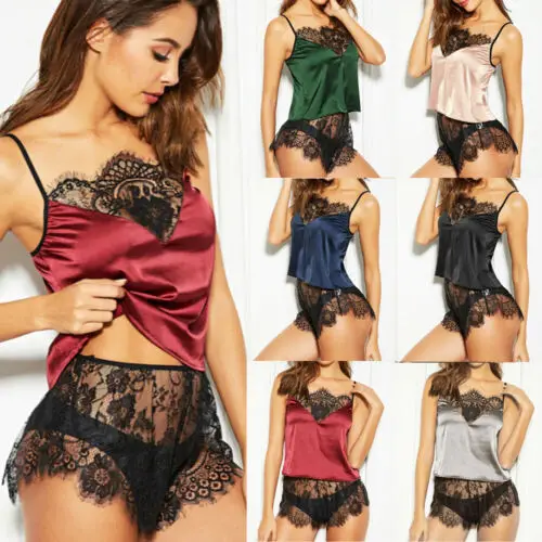 

Womens Satin Sexy Lingerie Nightwear Pajamas Sets Ladies Underwear Sleepwear Suit Sleeveless Tops + Shorts 2pcs Clothes Set
