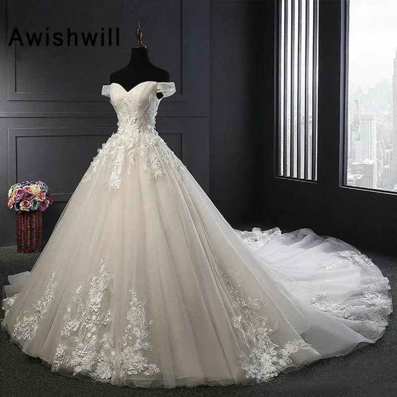 Vestido De Noiva шнуровка сзади Фата с кружевом Поезд принцессы Свадебное платье с открытыми плечами свадебное платье плюс Размеры