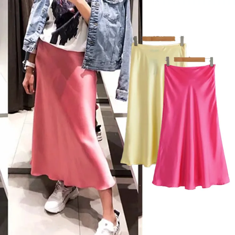 

2019 Ladies Elegant Silk Satin Skirt High Waist Pink A Line Long Skirts Female Solid Color Bottoms Streetwear Irregular Hem