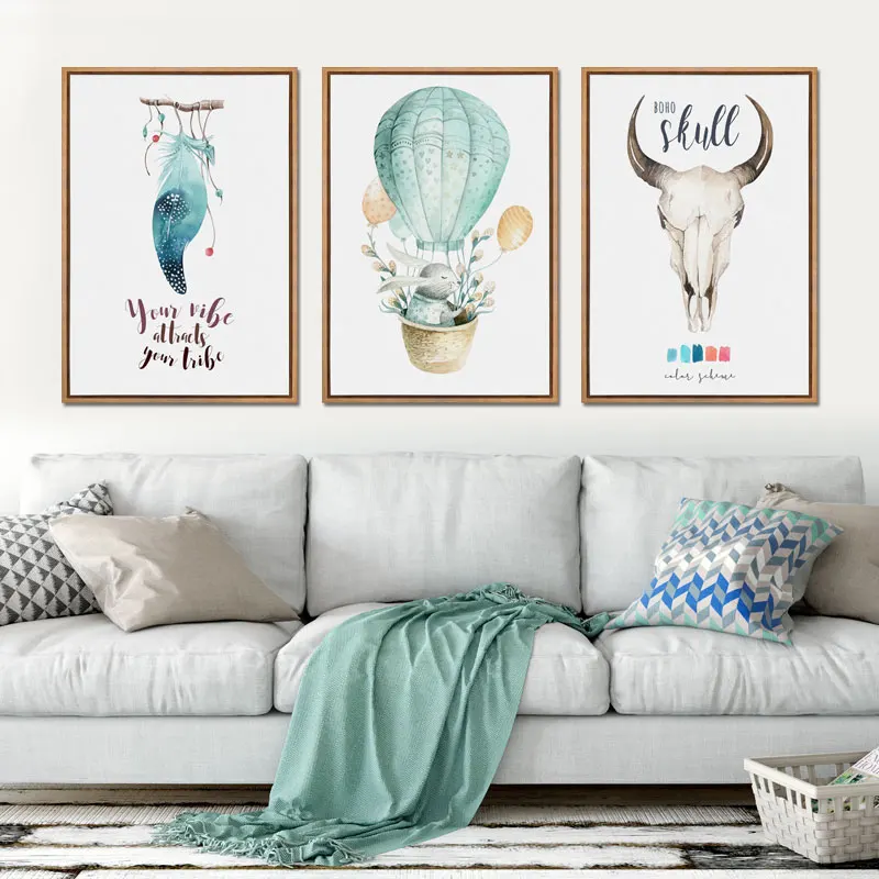 Скандинавский сказочный кролик воздушный шар синее перо овечка череп холст