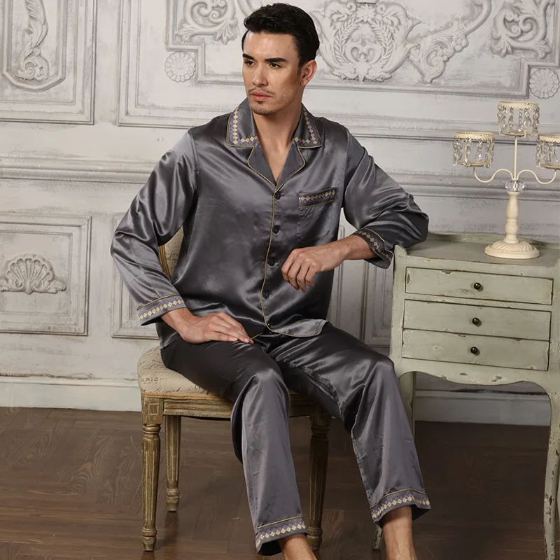 Man's Genuine Silk Pajamas Long-Sleeved Sets Silkworm Silk Home Wear Two-Piece 100% Silk Sleepwear Male 15076