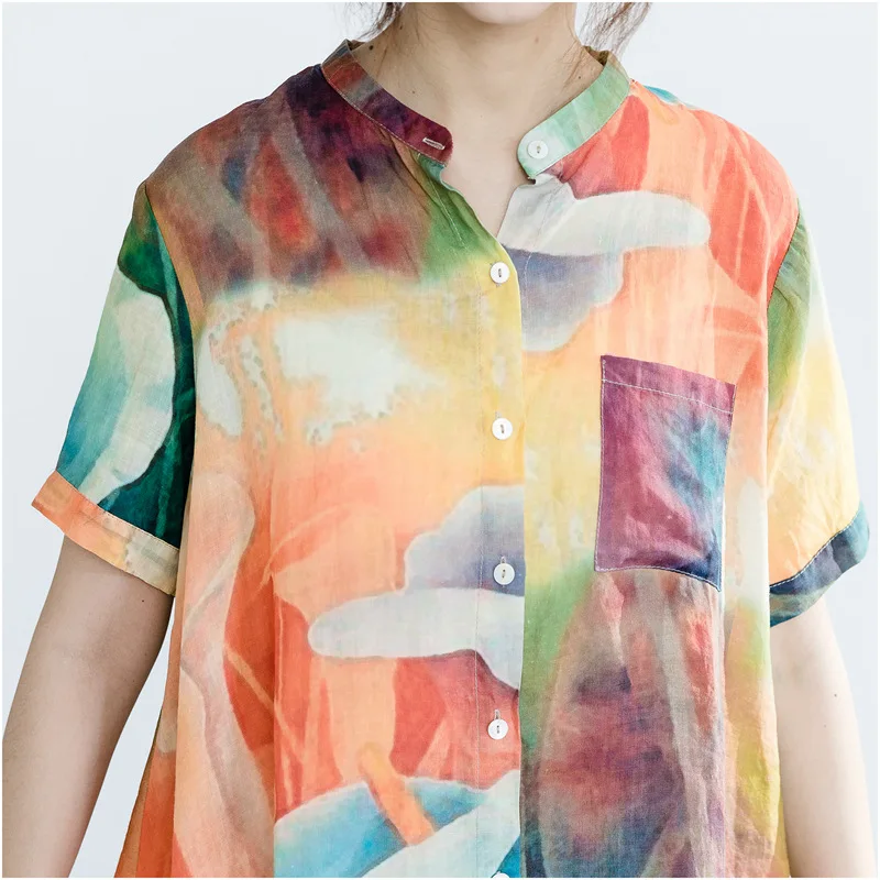 Женская рубашка с коротким рукавом Johnature Повседневная Свободная блузка принтом в