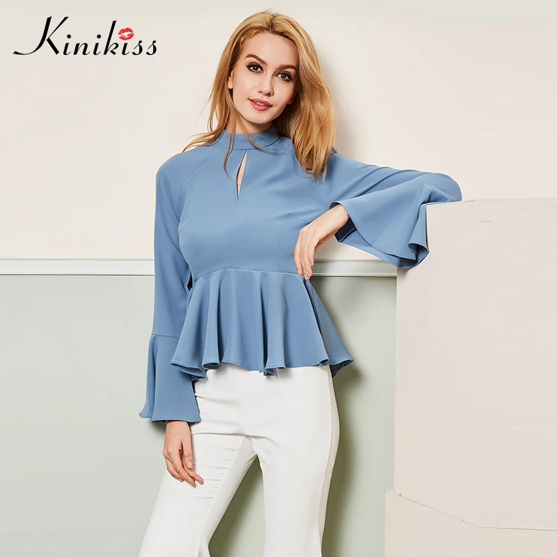 Kinikiss женские элегантные офисные рубашки топы с рюшами и расклешенными длинными