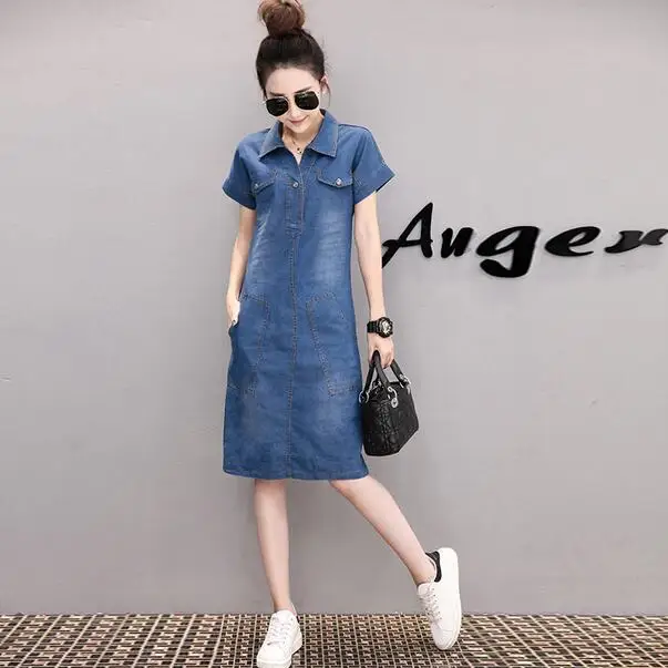 Женское джинсовое платье с отложным воротником винтажное свободное короткими
