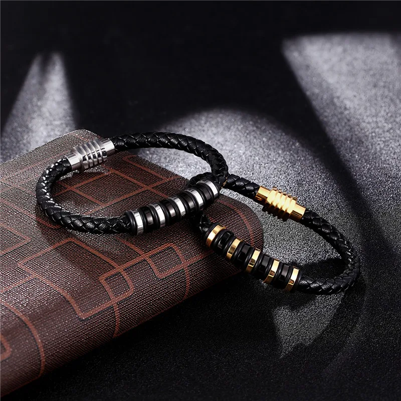 Мужской кожаный браслет MKENDN черный/золотой из нержавеющей стали с