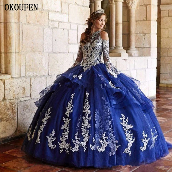 White Appliques/тёмно синего цвета для девочек Бальные платья 2019 длинные поэтом рукава с