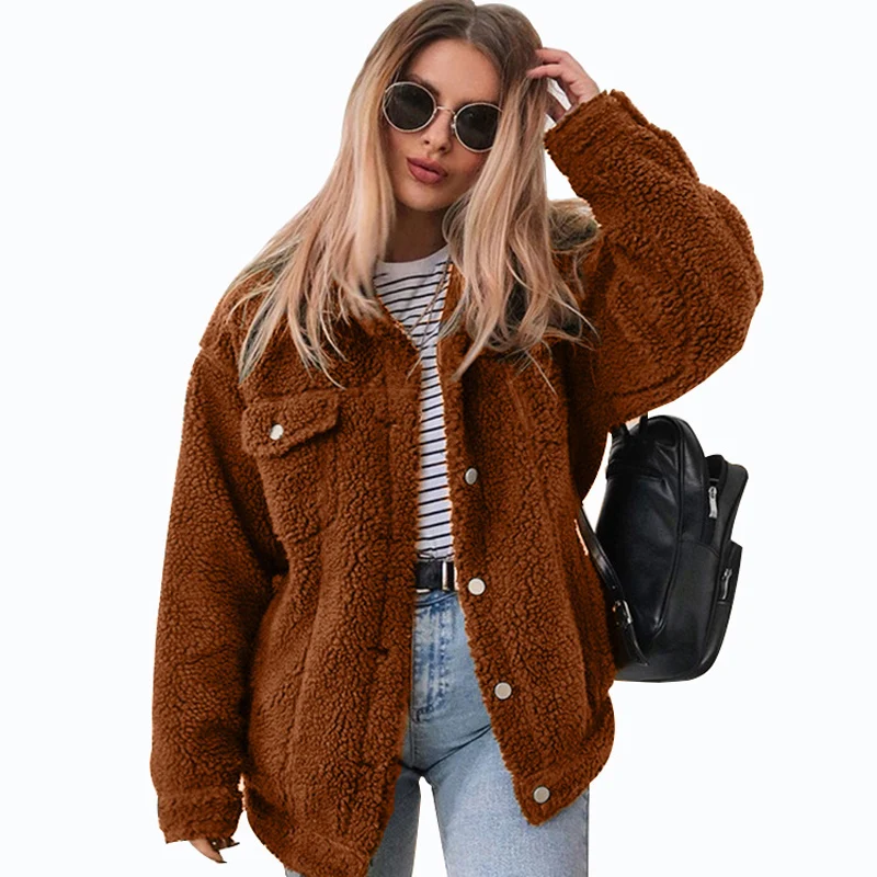 

Savabien Autumn Winter Teddy Bear Jacket Fashion Soft Warm Faux Fur Coat Women Long Sleeve Pocket Fake Fur Jackets Pink Overcoat