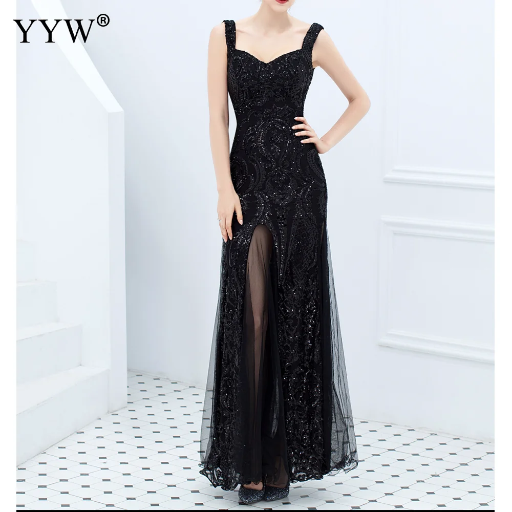 black Green Sequined Summer Long Party Dress Spaghetti Strap Sexy Evening Gowns Women Sequin Mesh Patchwork Elegant Club Dresses - Цвет: black