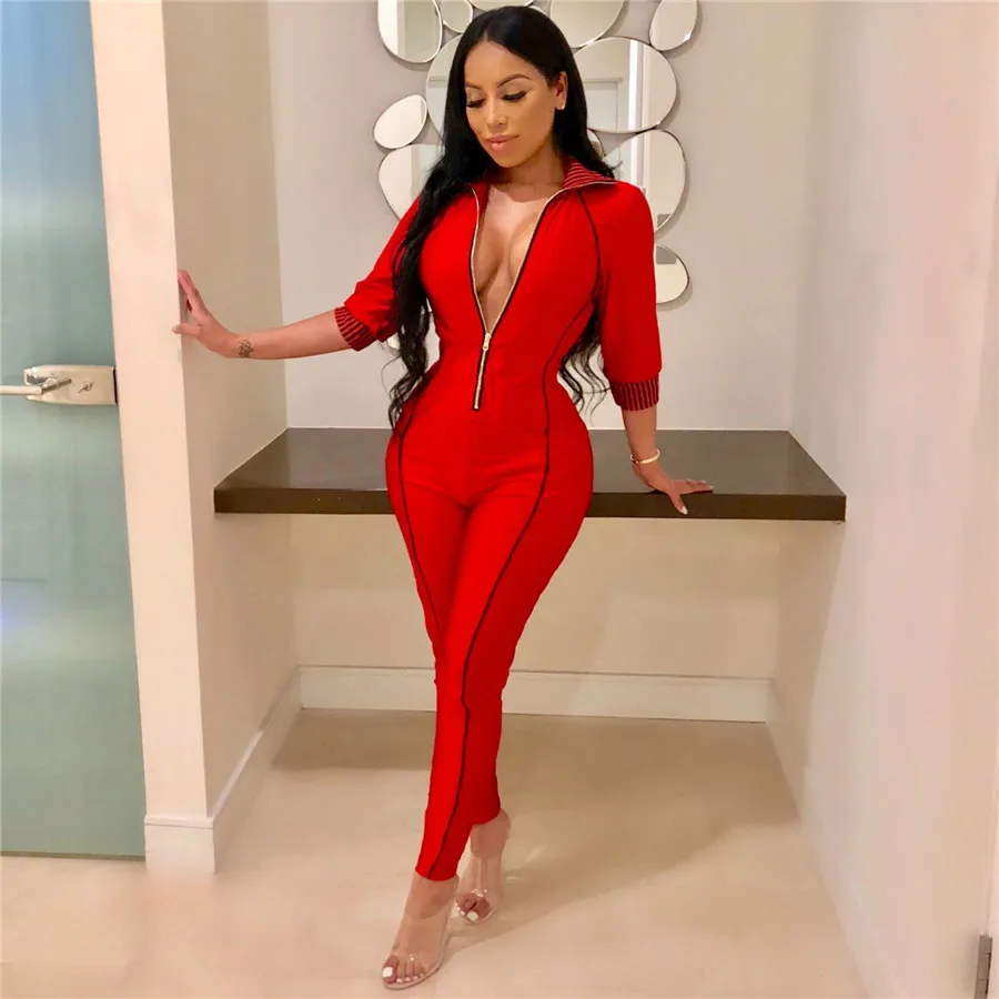 Зимние облегающие Комбинезоны на молнии с v образным вырезом в полоску длинным