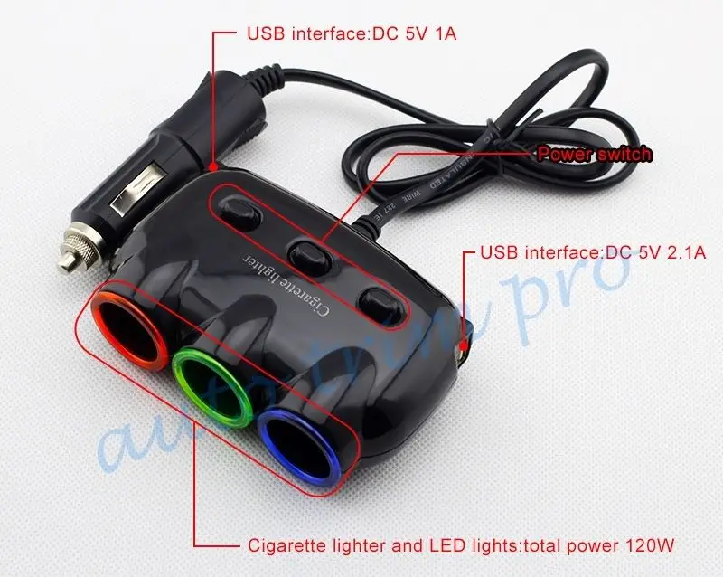 Универсальный прикуриватель с 3 розетками + 2 USB порта|socket cigarette lighter|3 sockets cigarette3 |