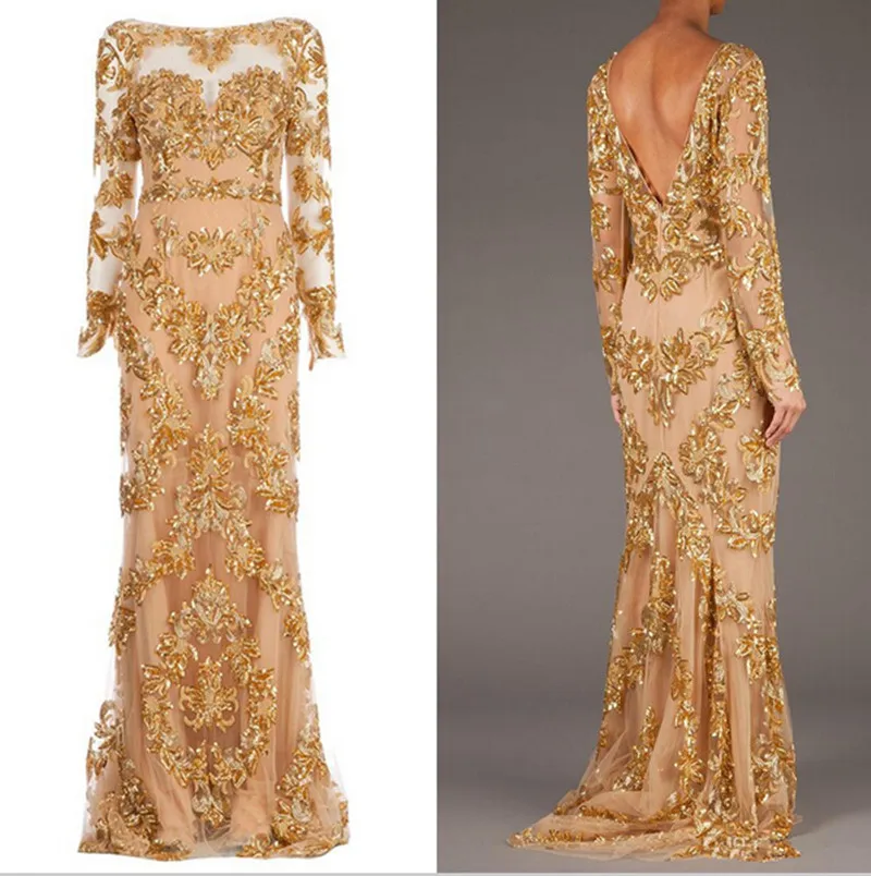 Vestido De festa Longo с длинным рукавом Выпускные платья Золотая Иллюзия аппликации