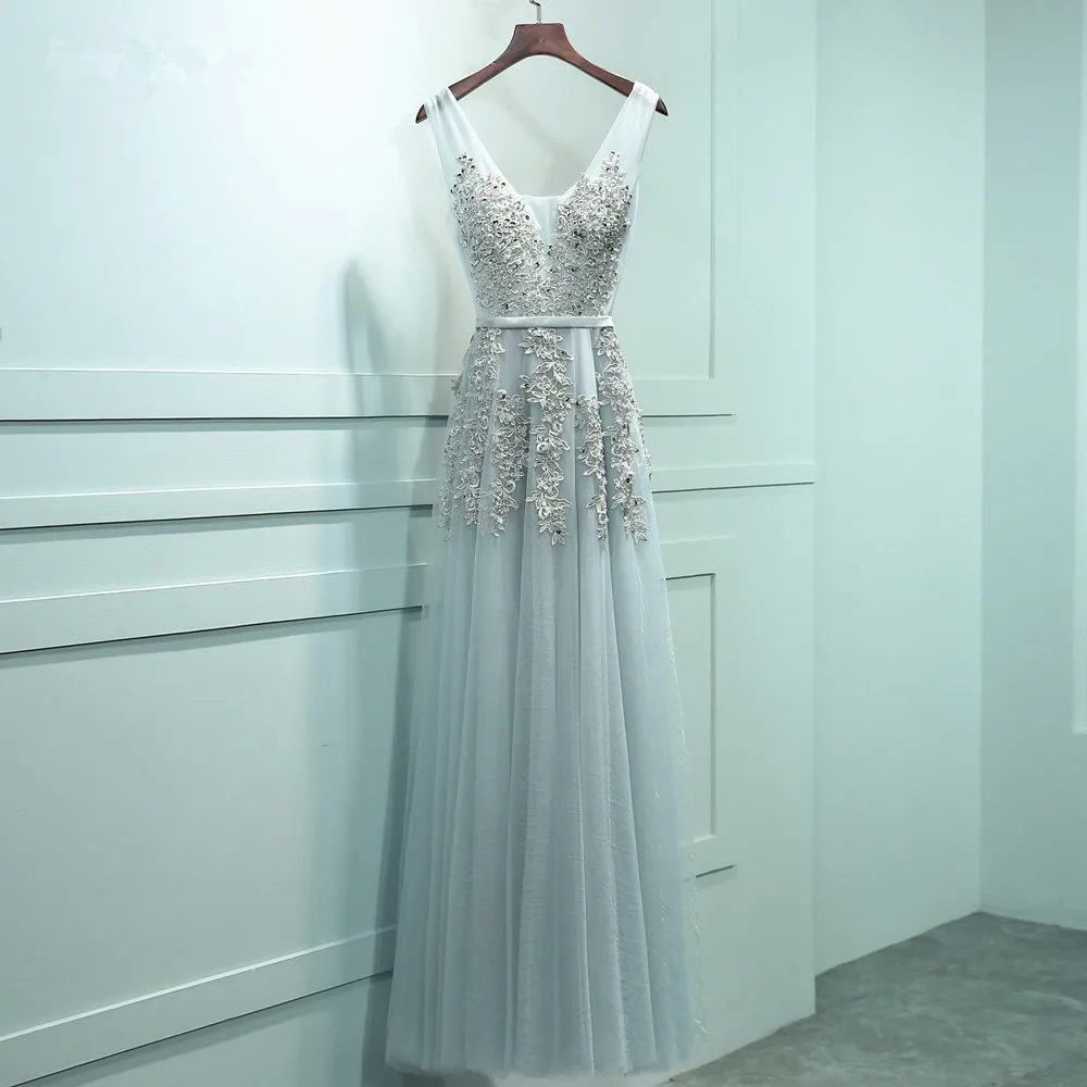 Vestido de festa сексуальное вечернее платье с v-образным вырезом Robe De Soiree высокое качество Серый Тюль с вечерние платья с аппликацией Настоящее фото - Цвет: gray