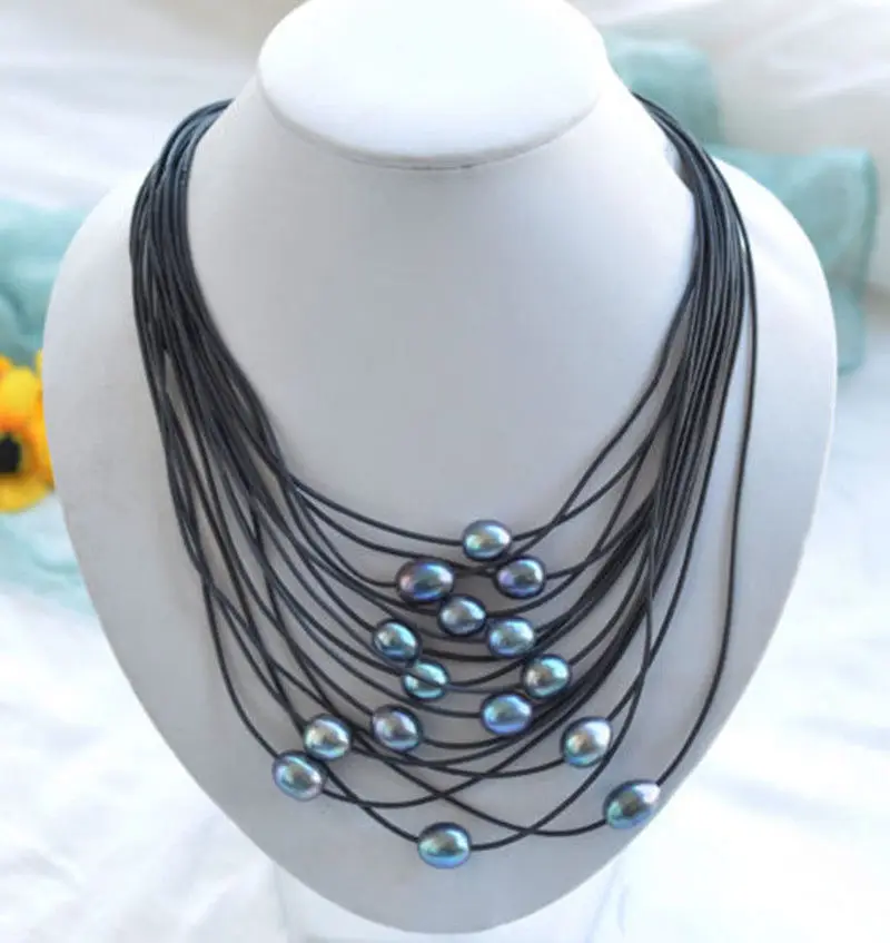 

FREE SHIPPING Hot sale new Style new 15row 18- 20" 11-13mm black rice pearl black leather necklace AAAA