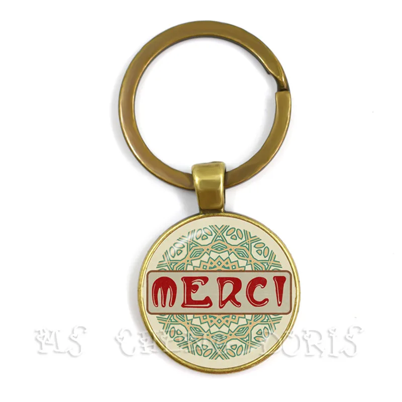 Merci Maitresse Key Chain Bohemian Jewelry Quote Keyring Round Glass Cabochons Supplies Craft Keychain Gift for Women Pendant | Украшения и