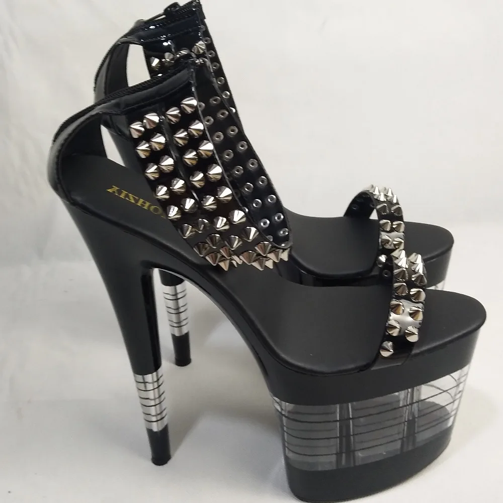 8-inch 20cm, black lacquered chic wedding heels, riveted sandals striped platform shoes