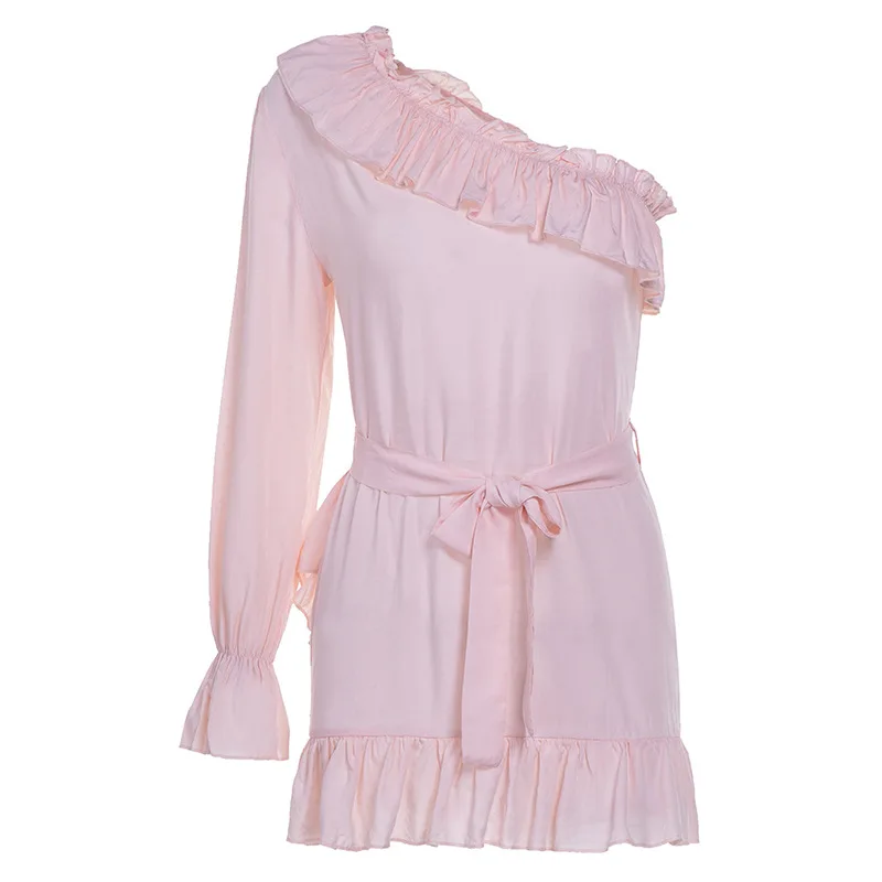 Женское платье с оборками Пляжное мини одним рукавом и наклонным воротником на