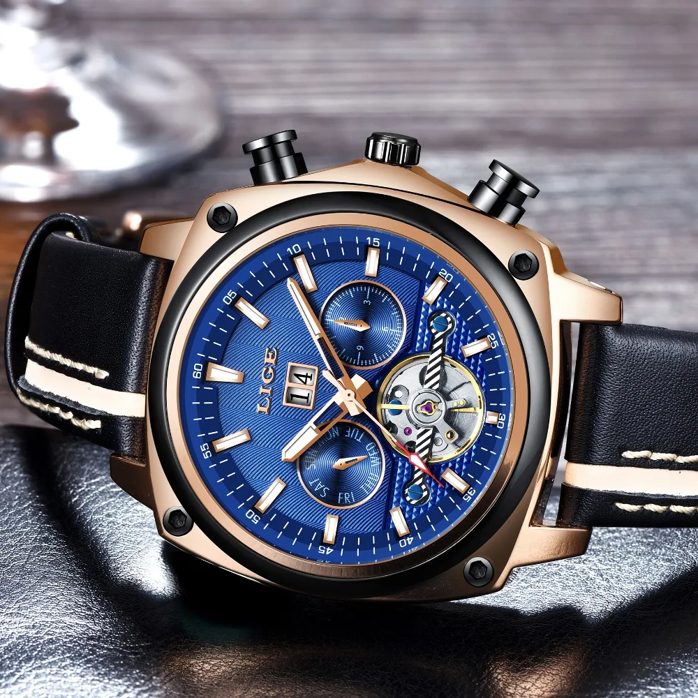 Новый бренд LIGE мужские часы автоматические механические Tourbillon спортивные