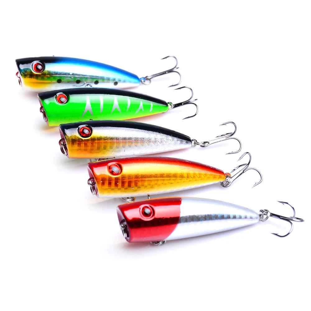 

5pcs/set Sea Fishing Lure 75mm/10g Popper ABS Plastic Hard Bait Ocean Rock Fishing 8# Hook Wobblers Artificial Floating Baits