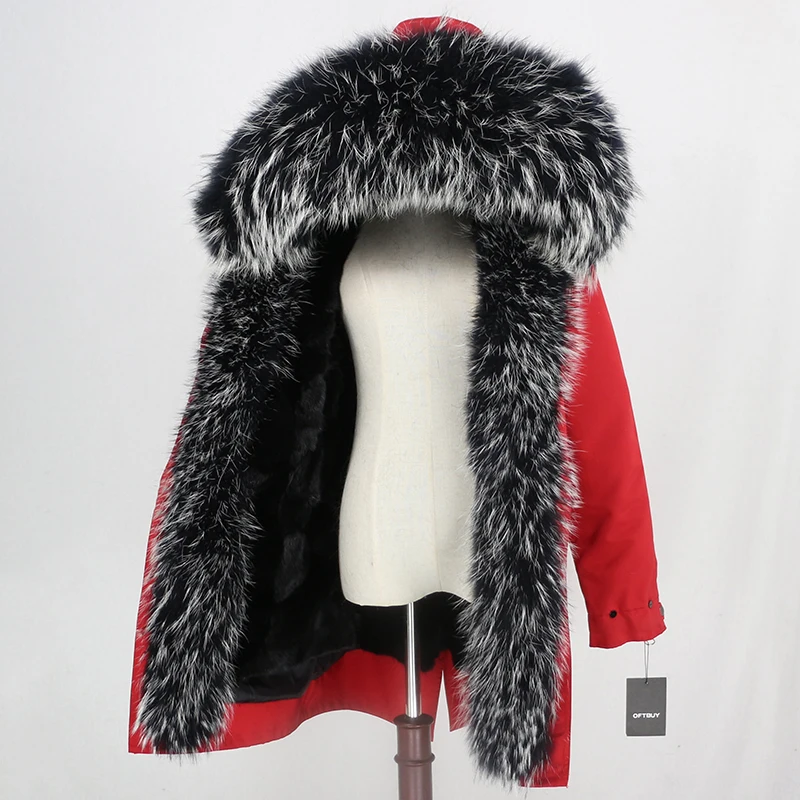 red black black W OFTBUY, водонепроницаемая длинная парка, верхняя одежда, настоящая норковая шуба, зимняя куртка для женщин, воротник из натурального меха енота, роскошная теплая уличная одежда - Цвет: red black black W