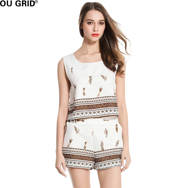 Старинные Печати Шорты Костюм Женщины Лето Рукавов Короткий О Образным Вырезом