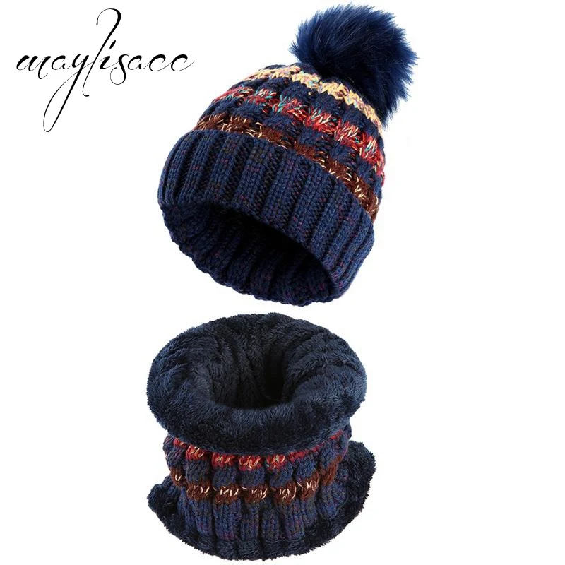 Navy Blue Maylisacc Для женщин зима теплая вязаная шапка с шарфами модные удобные для Для женщин Открытый Спорт катание лыжный шарф шапка комплект - Цвет: Navy Blue