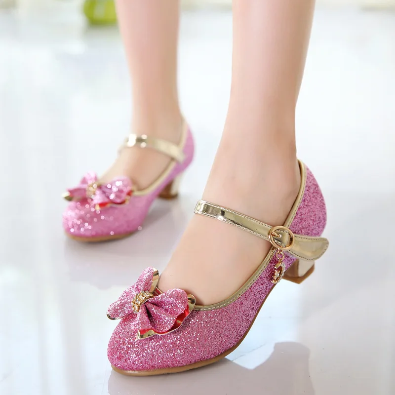Туфли лодочки с блестками и бантом на низком каблуке|kids mary janes|children dress shoesgirls kids shoes