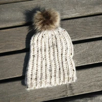 wholesale customized cable knitted acrylic women fashion beanies with fur ball ivory color ll180214